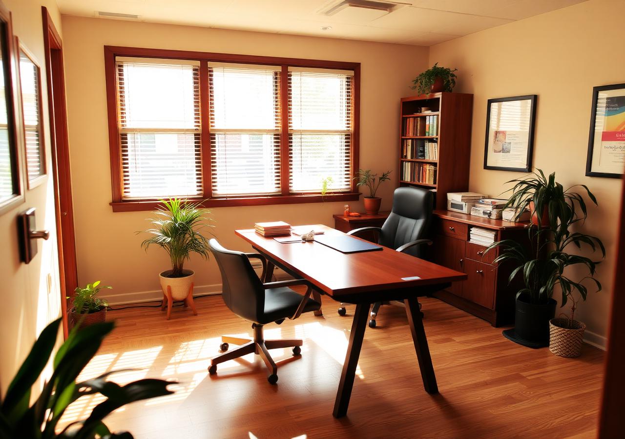 Photo placeholder of a warm, welcoming local insurance office with a desk and chairs for meeting with clients